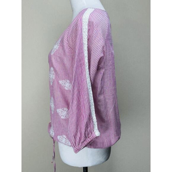 Women’s Pink White Striped Top Embroidered Lace Elastic Waist 3/4 Sleeves - Picture 9 of 13